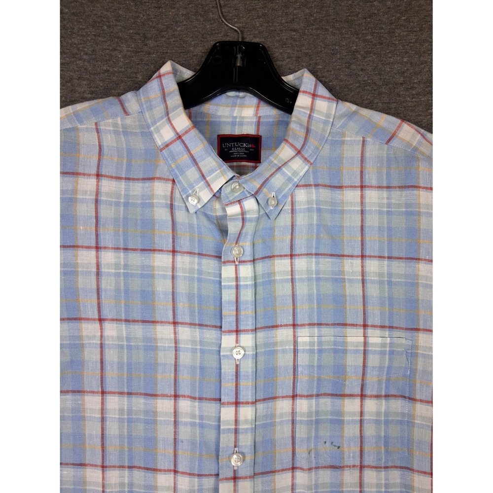 Untuckit Mens Shirt‎ XL Blue Plaid 100% Linen Resort Light Weight Wrinkle Resist